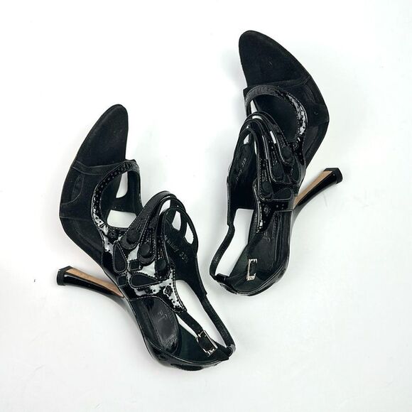 CHRISTIAN DIOR Black Patent Leather Suede Strappy Heels Pumps Sandals 37,5 US5,5 - Picture 6 of 16